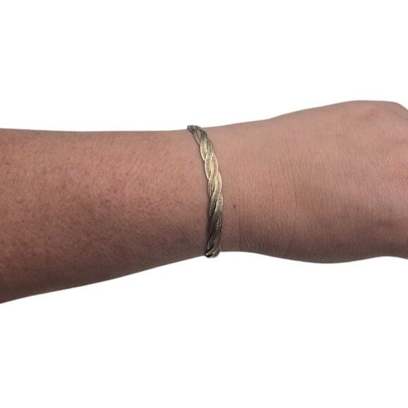 Braided Herringbone Two Tone 925 Italy Silver Etched Design 7" Vintage Bracelet - Picture 3 of 6